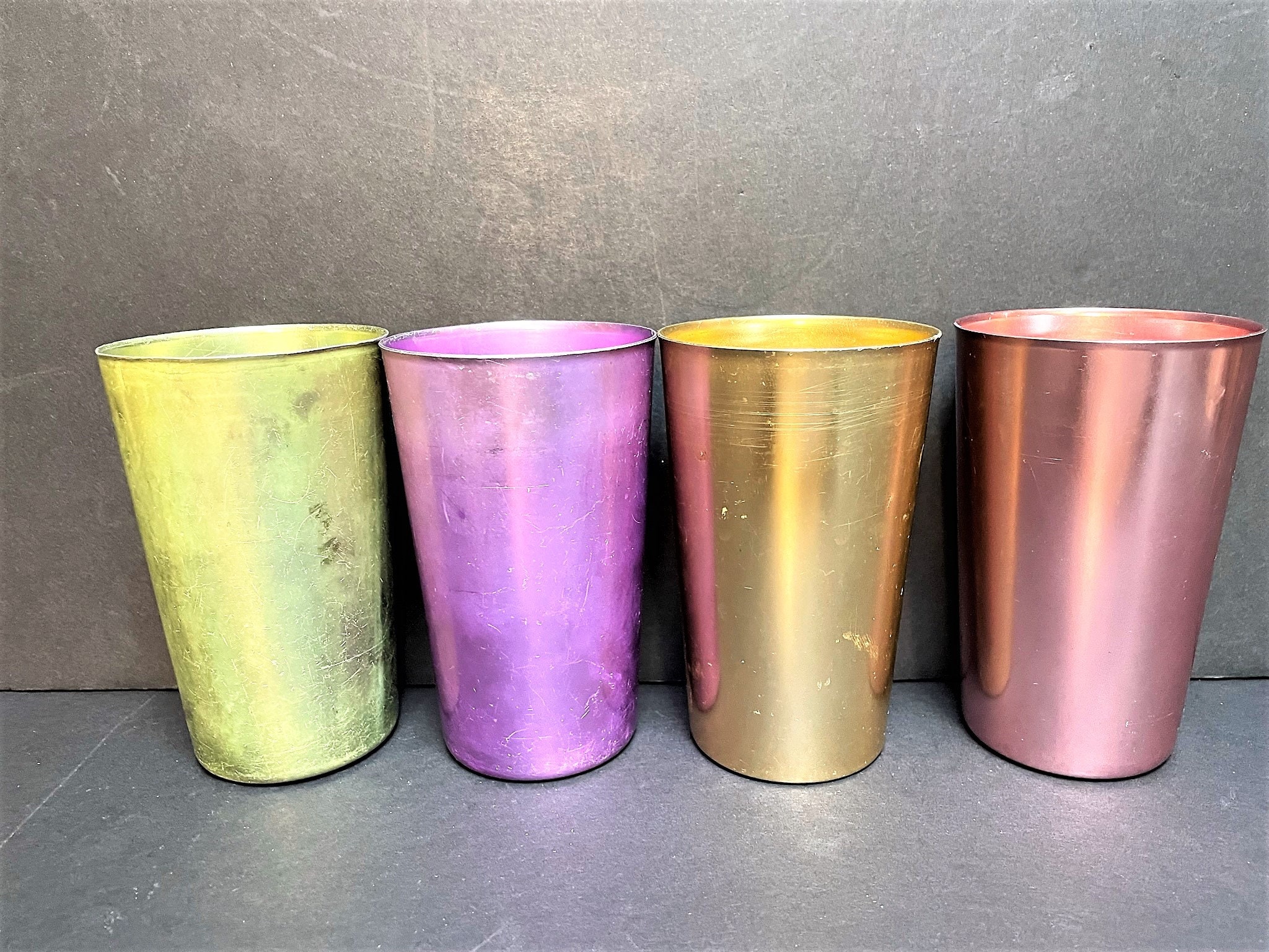 Atomic Anodized Aluminum Tumblers Set of 4 Bascal Pastel Aluminum Tumblers  Colorful Retro Vintage Barware AS IS 