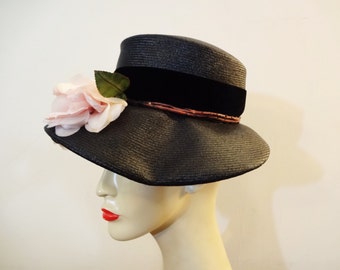 Vintage 1960's Black Wide Brim Straw Hat - Black with Pink Roses - Small - Size 21