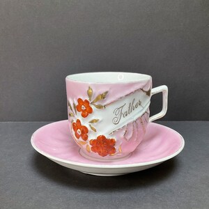 Antique Victorian Pink Lusterware Souvenir Cup and Saucer - &quot;Father&quot; - Collectible Lusterware Cup & Saucer - 1890&#39;s - Father&#39;s Day Gift
