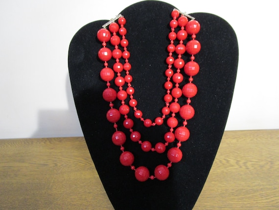 1940's or 50's Triple Strand Red Bead Necklace - … - image 9
