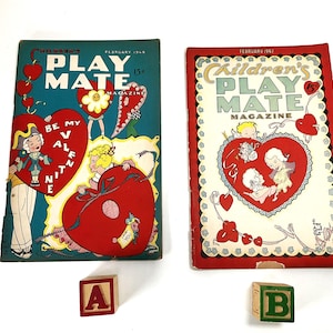 May include: Two vintage Valentine's Day themed issues of Children's Playmate magazine. The covers feature red hearts, illustrations of children, and the text "Playmate Magazine".