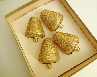 Glitzy Mid Century Gold Bell Christmas Ornaments - Pyramid Gold Glitter Bell Ornaments - Box of 4 - Unbreakable - Hollywood Regency