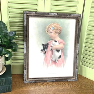 Friendly Enemies by Bessie Pease Gutmann - Original 1937 Vintage Print in Original Frame- Little Girl w/Puppy and Kitten- Vintage Wall Art.