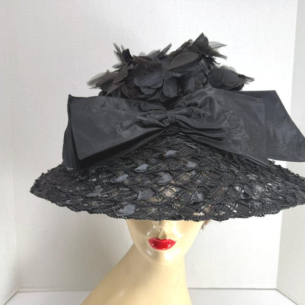 Vintage 1960's Wide Brim Black Straw Hat with Large Silk Front Bow & Floral Crown - Henry Margu - Picture Hat- Garden Party- Kentucky Derby
