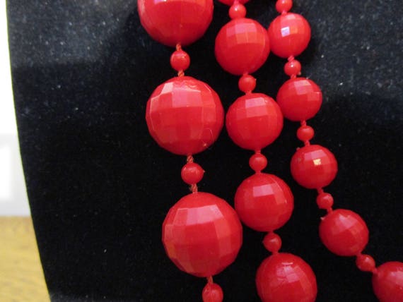 1940's or 50's Triple Strand Red Bead Necklace - … - image 2