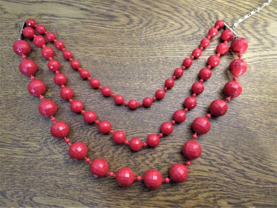 1940's or 50's Triple Strand Red Bead Necklace - … - image 8