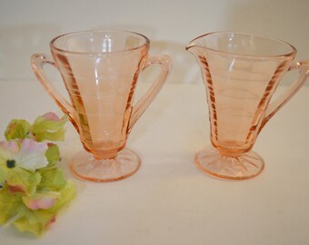 Art Deco Anchor Hocking Block Optic Creamer and Sugar Bowl Set - Pink - Depression Glass Cream and Sugar Set - Cottage/Farmhouse Tableware