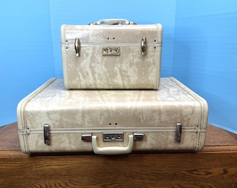 Mid Century Cream Marble Hard Shell Luggage W/key- Set of 2