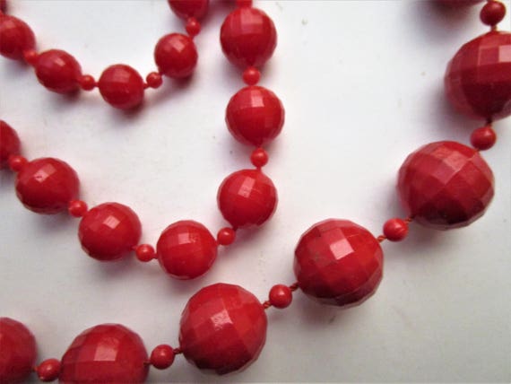 1940's or 50's Triple Strand Red Bead Necklace - … - image 5