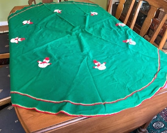 Vintage Handmade Applique Felt Christmas Tree Skirt or Tablecloth - Large 68" Diameter - Green w/Applique Snowmen and Double Rick Rack Trim