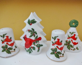 Vintage Lefton Christmas Cardinal China  -  Your Choice - Salt and Pepper Shakers - Napkin Holder - Dinner Bell -Mid Century Christmas Decor