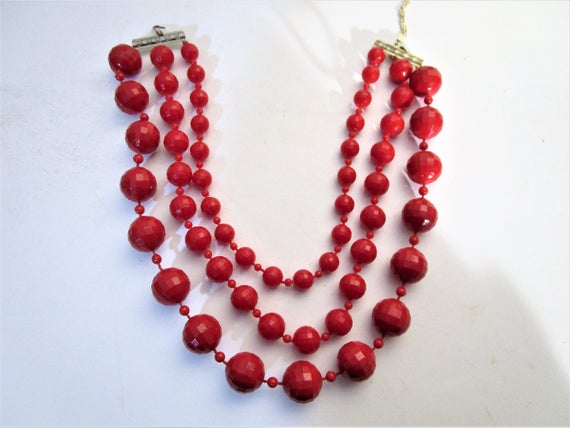 1940's or 50's Triple Strand Red Bead Necklace - … - image 4