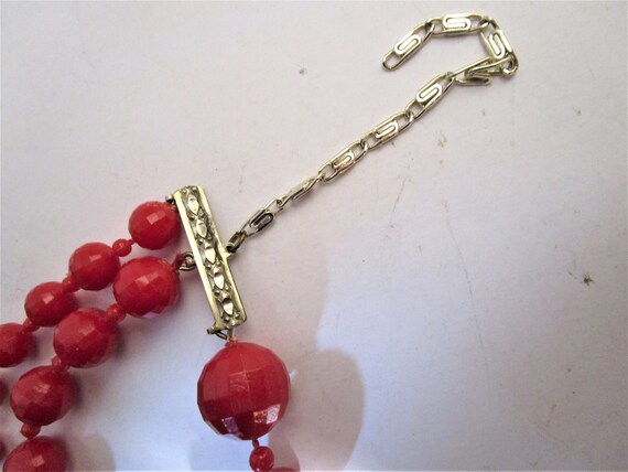 1940's or 50's Triple Strand Red Bead Necklace - … - image 7