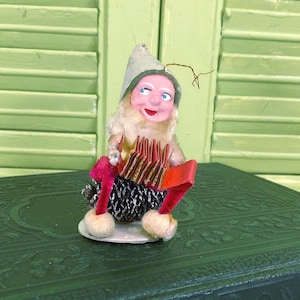 Vintage Christmas Elf w/ Accordion Ornaments - Spun Cotton - Pinecone - Chenille - 1940&#39;s or 50&#39;s - Germany