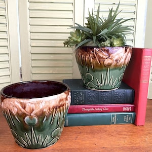 Vintage Robinson Ransbottom  &quot;Sun and Moon&quot;  Jardiniere Planters - Your Choice -  Cache Pots - Green & Brown - Roseville- Vintage Stoneware