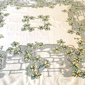 Retro Floral Tablecloth - Gray, Yellow & Teal on White - Ivy on Wall Pattern - 50" x 46" - 1940's/50's- Farmhouse - Cottagecore