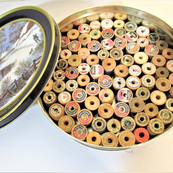 86 Wood Thread Spools in Vintage Sewing Tin - Currier and Ives Tin - Vibrant Thread Colors - J P Coats - Clark's - Corticelli - Star - Lilly