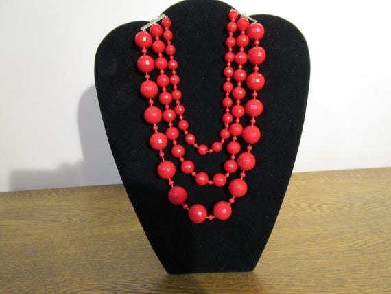 1940's or 50's Triple Strand Red Bead Necklace - … - image 1