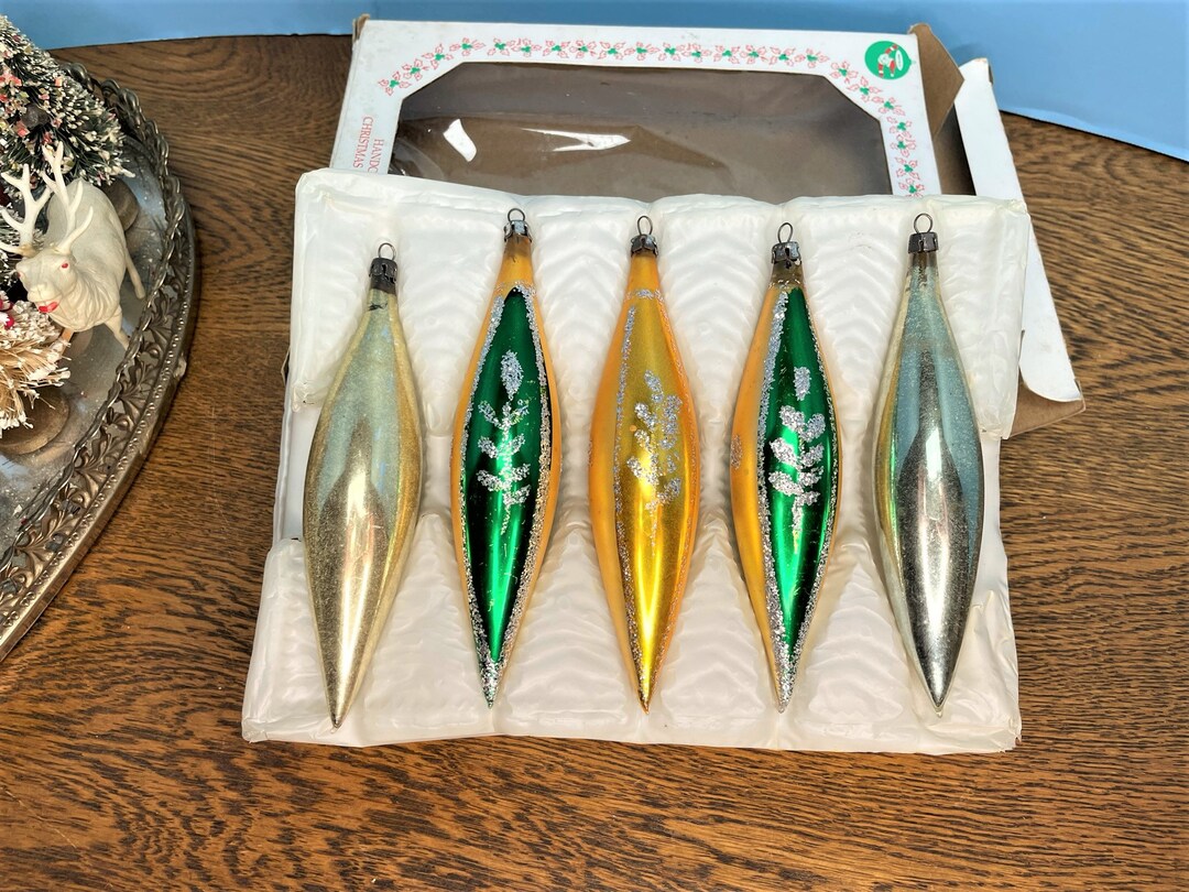 Large Green and Gold Mercury Glass Teardrop Icicle Ornaments Box of 5 2