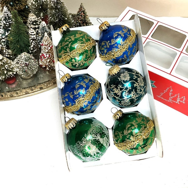 Vintage Fancy Blue and Green Mercury Glass Ornaments - Box of 6 - Hand Decorated - Floral Mica - Reindeer - Gold Braid - Christmas by Krebs