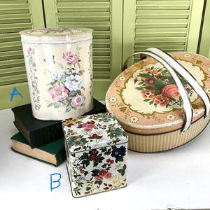 Vintage Pink and Cream Floral Tins - Your Choice  - Picnic Tin - Tea Caddy - Daher Hinged Lid Box - Cottagecore Storage