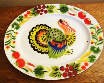 Large Vintage Turkey Platter - Colorful Vintage Enamelware Turkey Platter - Retro Turkey Platter - Thanksgiving Platter