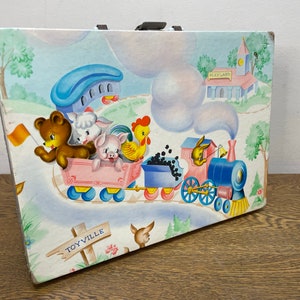 Adorable Vintage Toyville Playland Train Suitcase -Doll Suitcase - Margaret Holbrook -1950&#39;s  Children&#39;s Suitcase - Nursery/Kids Room Decor