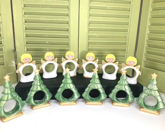 Vintage Ceramic Christmas Napkin Rings - Your Choice - Christmas Trees or Angels - Set of 6  - Retro Holiday Table Decor