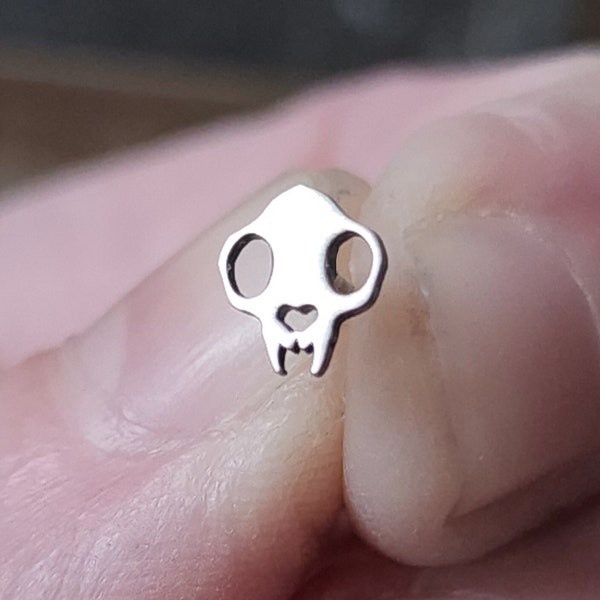 Cat Skull Silhouette Stud for Helix, Tragus, Conch + Nose Piercings | Flexible Push-fit Backing | Sold Singly