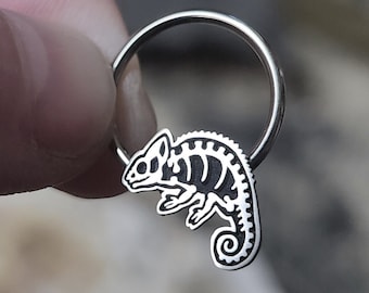 Skeleton Chameleon Ring for Septum & Daith Piercings, Reptile Body Jewelry, Conch Earring, Sold Individually, Nickel-Free, 16 Gauge