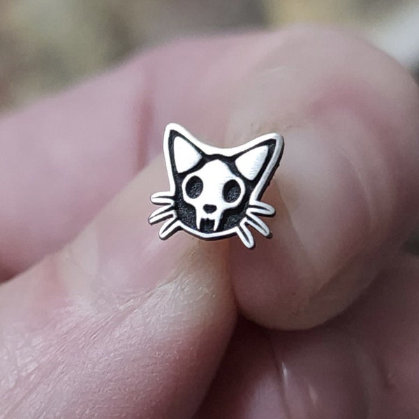 Skull Cat for Nose, Helix, Conch + Tragus Piercings | Flexible Push-fit Backing | Sold Singly | Cat Earring