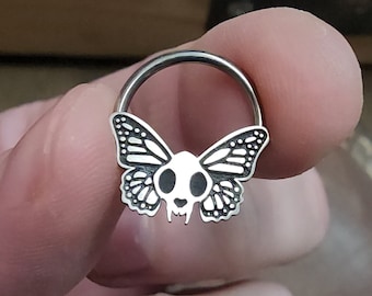 Butterfly Wing Cat Skull Septum Ring, Captive Bead Ring, Sold Individually, Nickel-Free, 16G, Made to Order