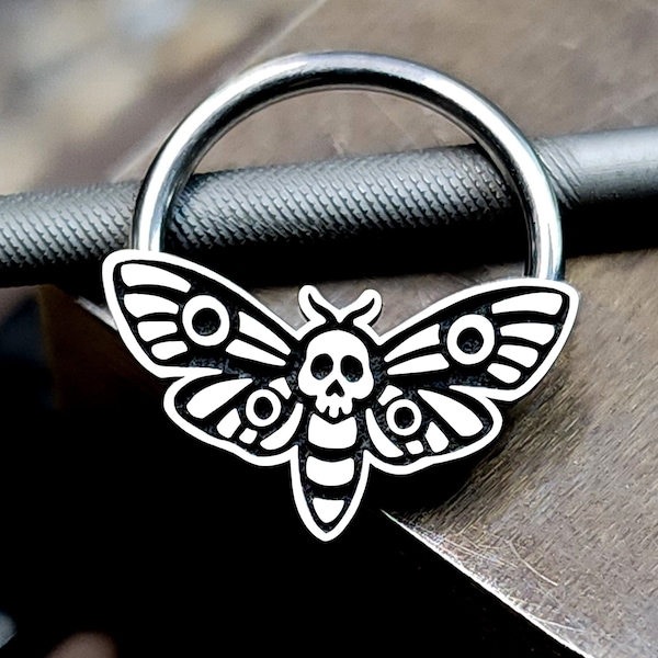 Skull Moth Ring for Septum & Daith Piercings, Death's Head Moth Captive Bead Ring, Sold Individually, Nickel-Free, 16G, Made to Order