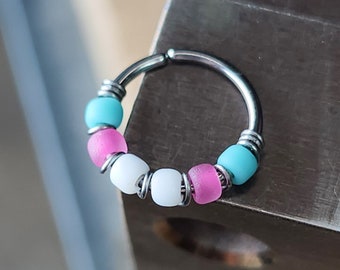 Transgender Flag Colors Nose Ring - Pink, Blue & White - Nickel-Free Nose Hoop - Sold Individually - 20G Beaded Nose Piercing Jewelry