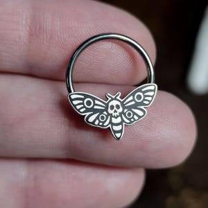 Skull Moth Ring for Septum & Daith Piercings, Death&#39;s Head Moth Captive Bead Ring, Sold Individually, Nickel-Free, 16G, Made to Order