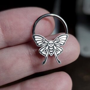 Skull Luna Moth Septum Ring, Daith Earring, Nickel-Free Captive Bead Ring, Conch Earring, Sold Individually, 16 Gauge