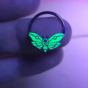 Green Glow in the Dark Death&#39;s Head Moth Septum Ring - Skull Moth Daith Earring - Halloween Nose Ring - Nickel Free Body Jewelry