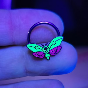 Purple + Green Death&#39;s Head Moth Septum Ring - Skull Moth Daith Earring - Glow in the Dark Body Jewelry - Halloween Nose Ring - Nickel Free