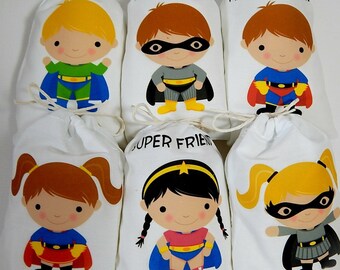 6 Super Hero Favor bags Birthday bags Girl/Boys Super Heroes for gifts or treats Personalized  6" X 8" Set of 6 bags per order