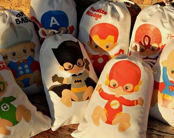 8 Super Hero Babies Favor bags Birthday Party great For Treat's or gifts can be Personalized 6" X 8" Set of 8 bags per order