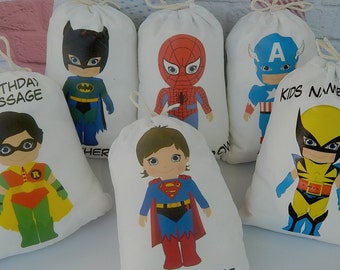 6 SuperHero Birthday Party Favor Bags Super Heroes group 1 Super Kids  can be Personalized 6" X 8" set of 6 bags per set