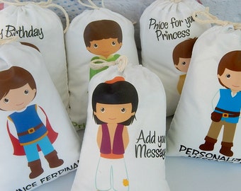 6 Prince Party favor Bags Birthdays bags for treats and gifts Can be Personalized with message 6" X 8" Set of 6 bags per order
