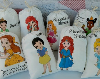 8 Princess Birthday favor Bags Young Princess girls  for treats and gifts Can be Personalized any message 6" X 8" 8 bags per set