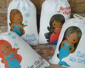 8 African American Mermaid Favor Bags Birthday/Baby Shower great for Treats and gifts Personalized 6" X 8" Set of 8 bags per set