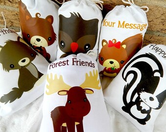 6 Forest Animals favor bags Birthday party's and Baby showers for treats and gifts can be Personalized 6" X 8" Set of 6 bags per set