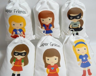 6 Birthday Favor bags Girl Super Heroes group 2 Super Kids Party Bags treats Can be Personalized 6" X 8" Set of 6 bags per order