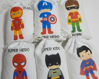 6 Super Hero Birthday Party Favor Bags Super Heroes group 2 For Treat's or gifts, Personalized 6" X 8" Set of 6 bags per order