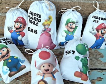 7 Super Mario Brothers Favor Bags Birthday party bags Mario Luigi Can be personalized 6" X 8" Set of 7 bags per order