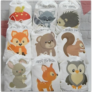 9 Forest Woodland Animals Favor bags Baby Shower and Birthday's for treats and gifts can be Personalized 6" X 8" Set of 9 bags per order