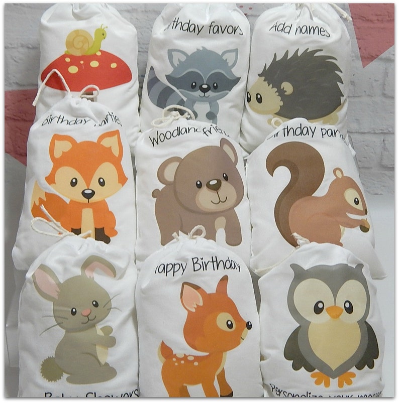 9 Forest Woodland Animals Favor bags Baby Shower and Birthday's for treats and gifts can be Personalized 6 X 8 Set of 9 bags per order image 1